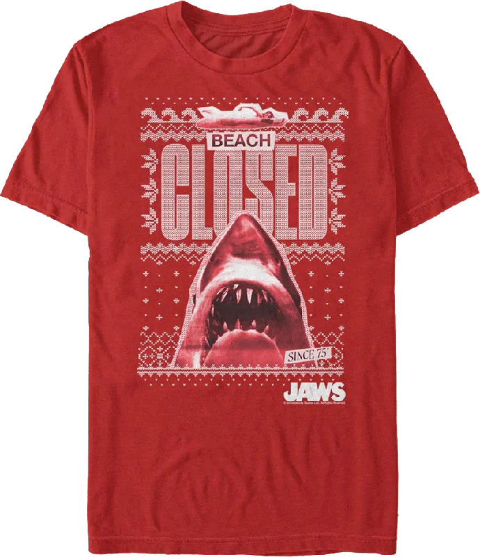 Beach Closed Faux Ugly Christmas Sweater Jaws T-Shirt