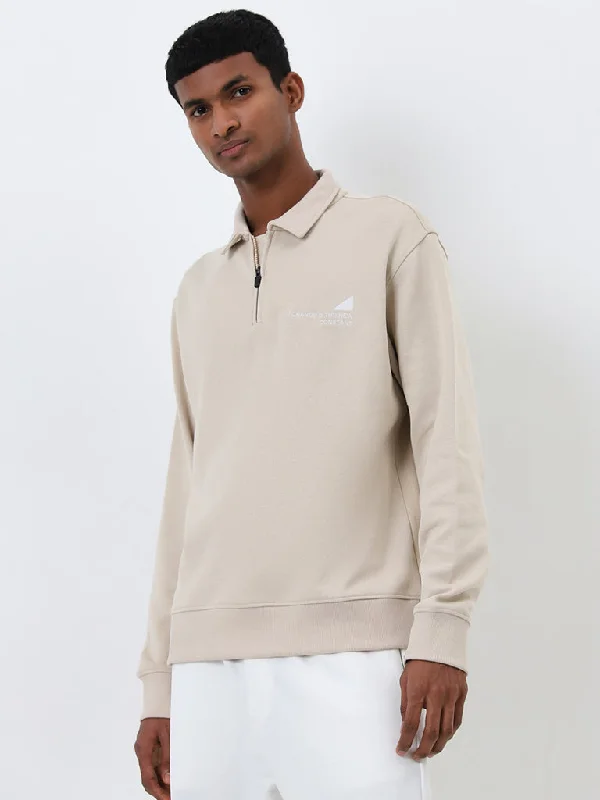 Studiofit Beige Text Design Relaxed-Fit Sweatshirt