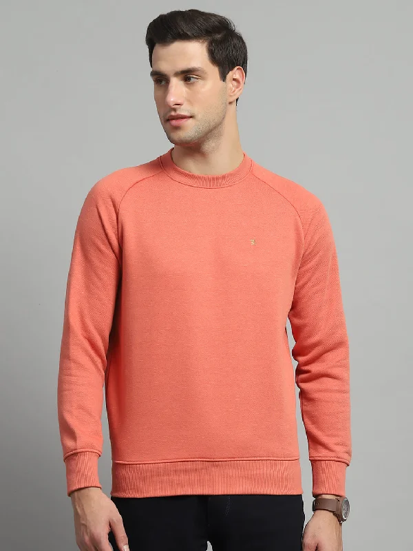 Men Orange Solid Round Neck Full Sleeve Sweatshirt