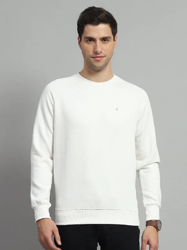 Men White Solid Round Neck Full Sleeve Sweatshirt