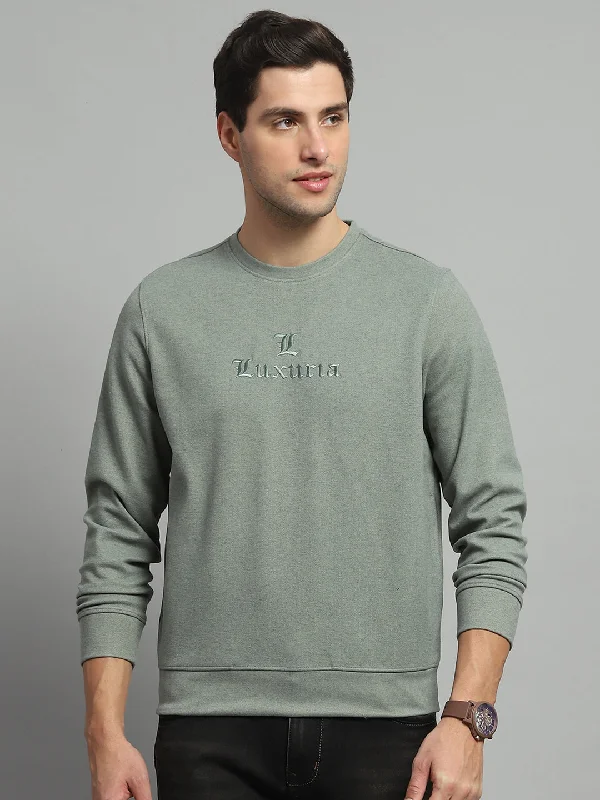 Men Olive Self Design Round Neck Full Sleeve Sweatshirt