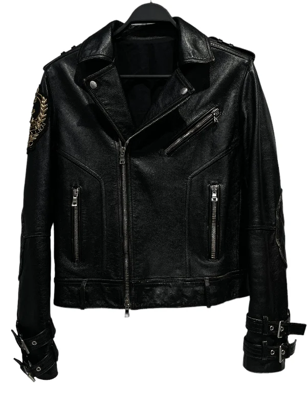 BALMAIN/Leather Jkt/M/Leather/BLK/EMBELLISHMENT ON RIGHT ARM