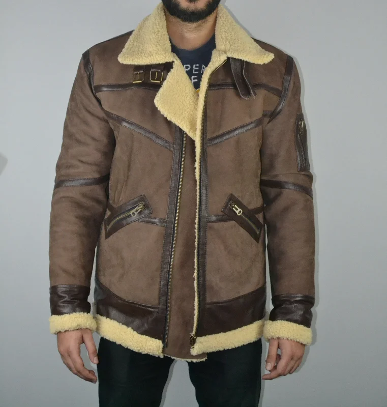 Men's Shearling Fur Bomber Brown Suede Leather Jacket