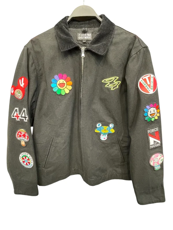 Takashi Murakami/Denim Jkt/L/Cotton/BLK/All Over Print/Collared W/ Patches